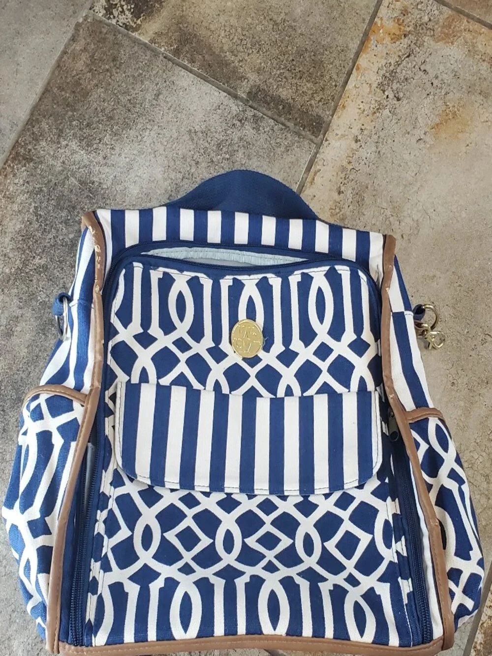 Mudpie Bigger Bundle Diaper Bag Backpack, Navy blue stripes & Geometric Trellis